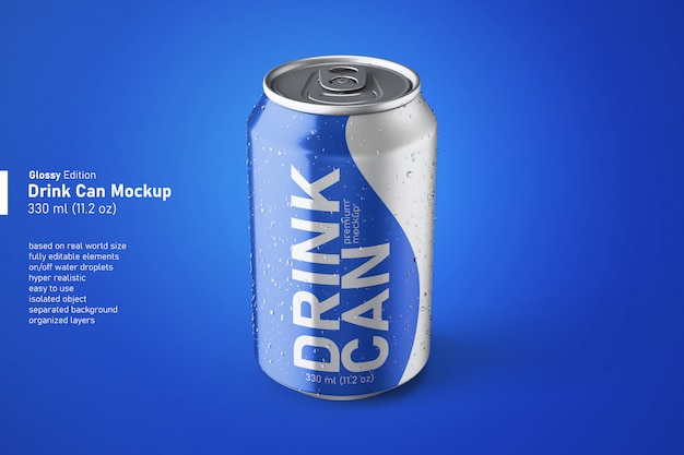 PSD aluminium soda drink glossy can in regular size mockups with condensation