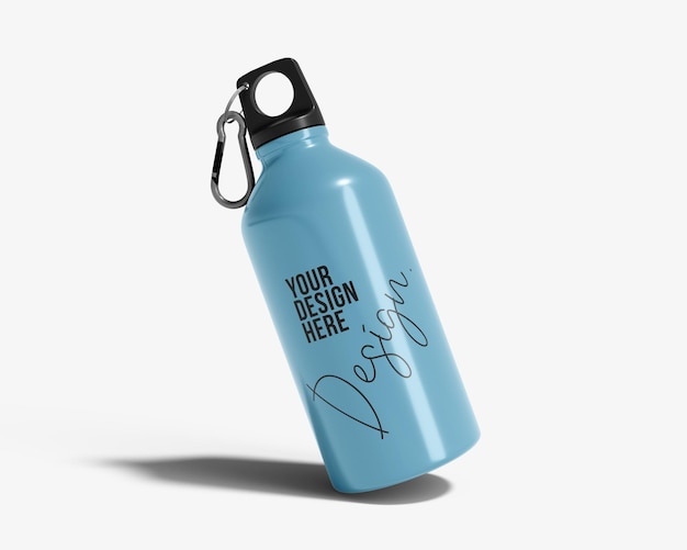 Aluminium water bottle with carabiner mockup