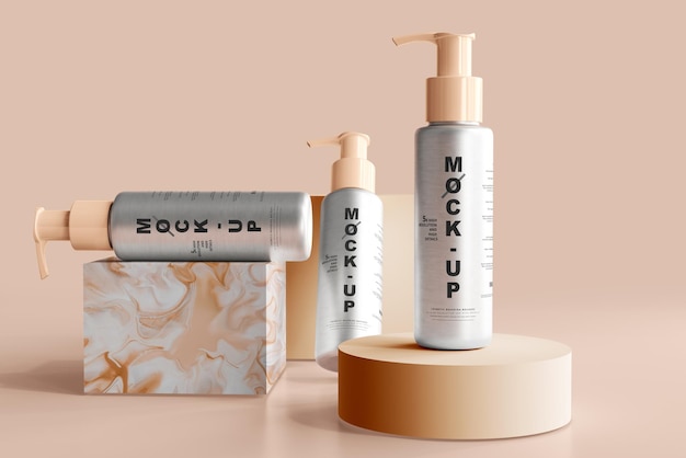 Mockup di bottiglia per pompa cosmetica in alluminio