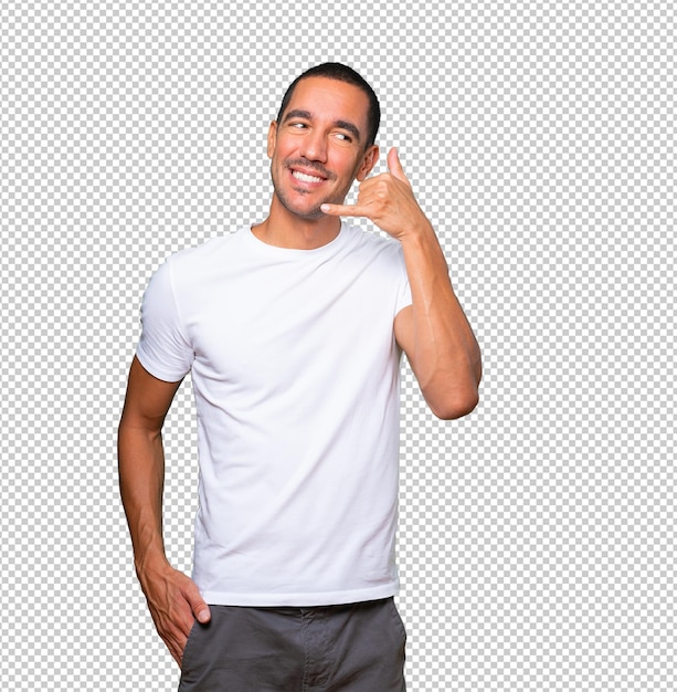 amazed young man making a gesture of calling with the hand