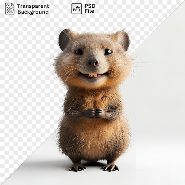 PSD amazing 3d cartoon quokka smiling on rottnest island featuring its distinctive brown fur black nose and open mouth with a small brown ear and black eye in the foreground