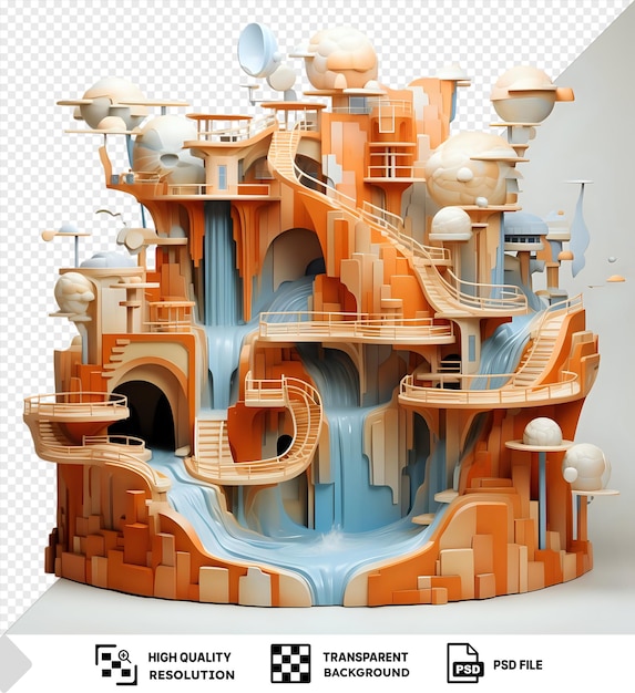 PSD amazing 3d model of the angel falls featuring an orange building and a round white ball