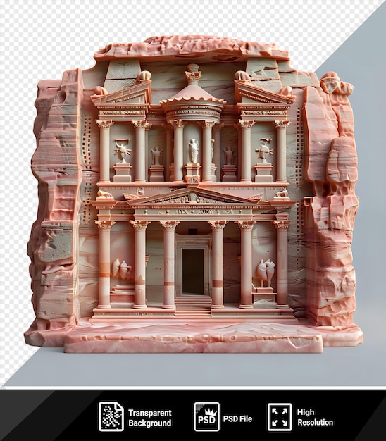 PSD amazing 3d model of the petra treasury building featuring a white statue and a brown door set against a blue sky