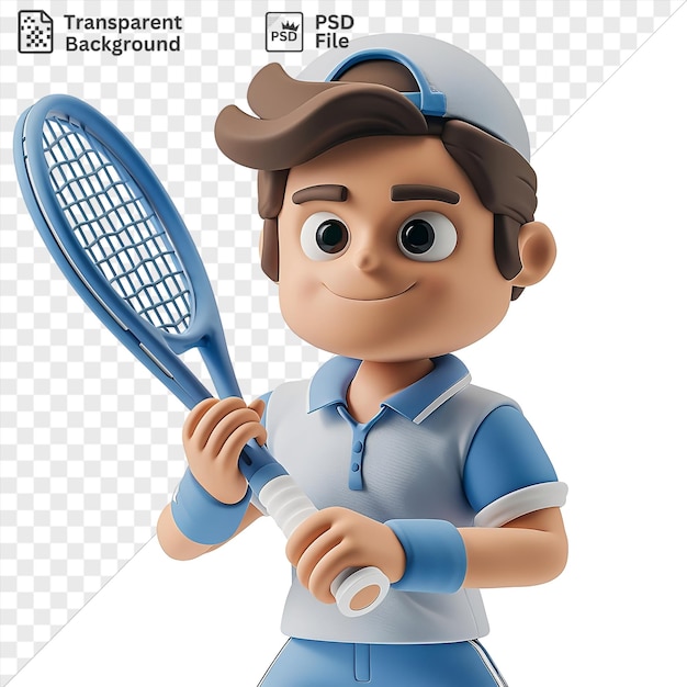 Fantastico attore di tennis in 3d che fa un potente servizio con una racchetta blu indossando un cappello marrone e un braccio blu mentre mostrano i loro sorprendenti occhi neri e blu