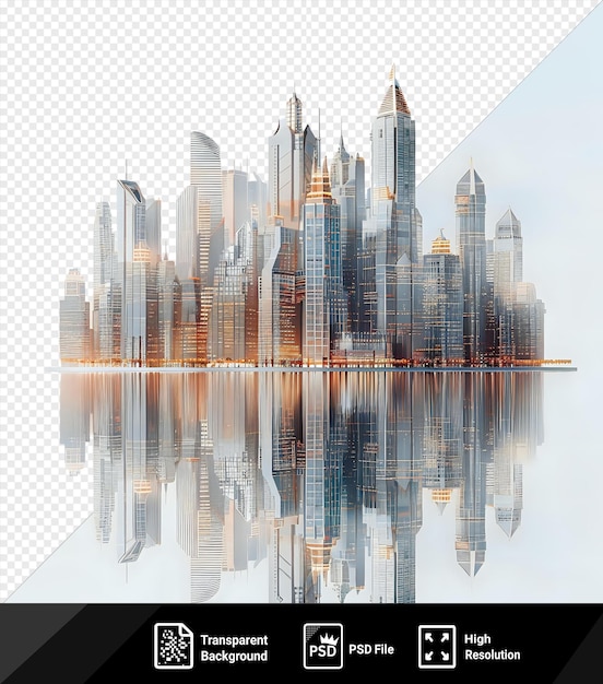 PSD Городской горизонт с удивительным городским пейзажем с возвышающимся небоскребом оживленной улицей и спокойной рекой, протекающей через него png psd