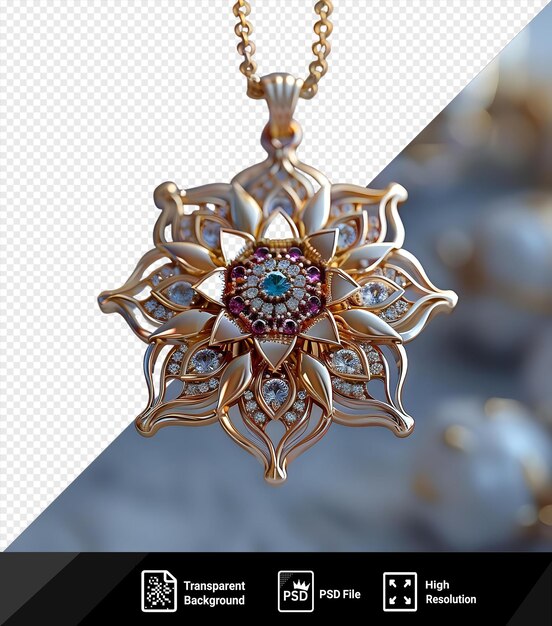 PSD amazing amulet jewellerys gold necklace adorned with a flower design complemented by a delicate gold chain png