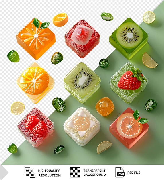 Удивительный ассортимент красочных фруктовых желе конфет, включая нарезанные апельсины, лимоны и красную клубнику, расположенные на зеленом столе с зеленым листом на заднем плане png psd