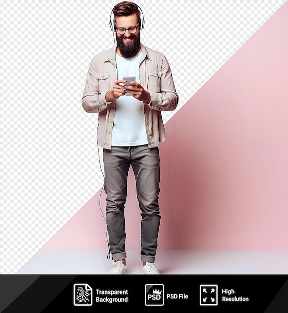 PSD amazing bearded man casual clothes wearing glasses with headphones holding smartphone looking screen with smile happy face standing in front of pink wall