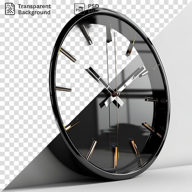 PSD amazing black clock with gold hands on white wall casting a white shadow