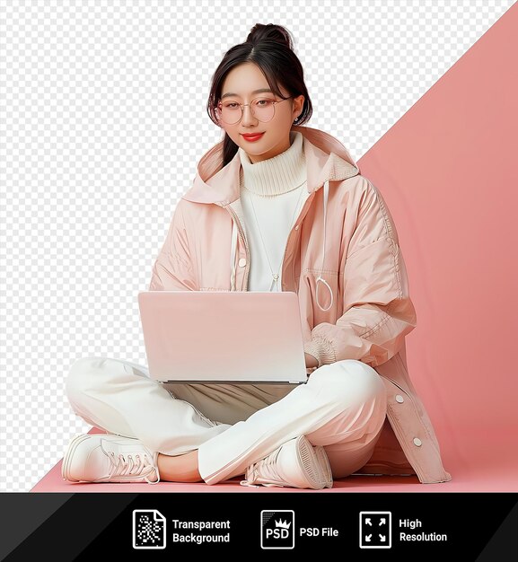 PSD amazing contented female freelancer working on the laptop in front of a pink wall wearing glasses and white pants with a white shoe visible in the foreground png psd