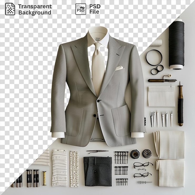 PSD amazing custom tailoring and sewing set displayed on a transparent background featuring a gray suit white tie and black glasses accompanied by a folded white towel