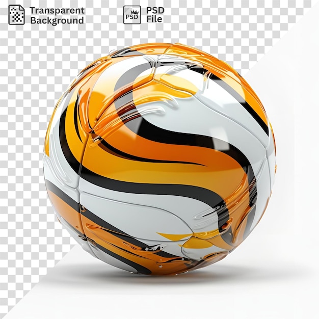 PSD sorprendente design di un pallone da calcio giallo e nero su uno sfondo isolato con un'ombra bianca in primo piano