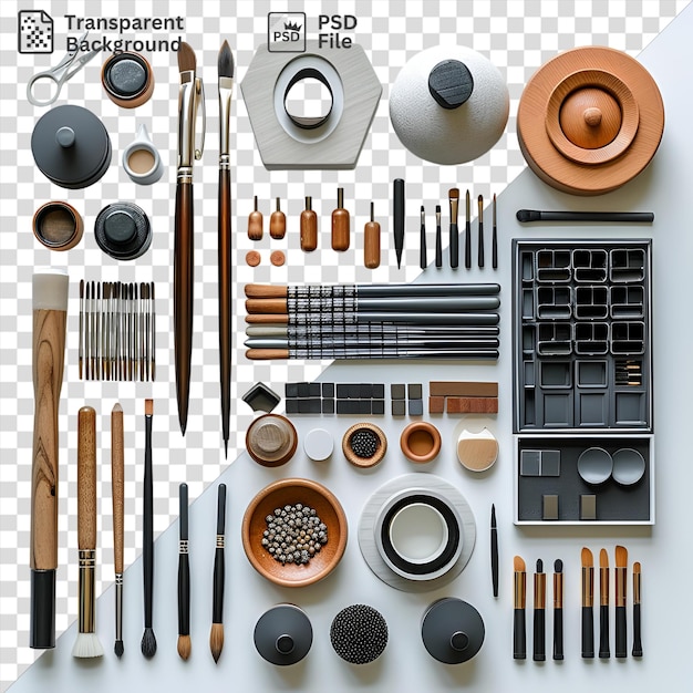 PSD stupefacente set di strumenti di arte digitale e progettazione grafica visualizzato su uno sfondo trasparente con una penna nera, una ciotola marrone e forbici d'argento