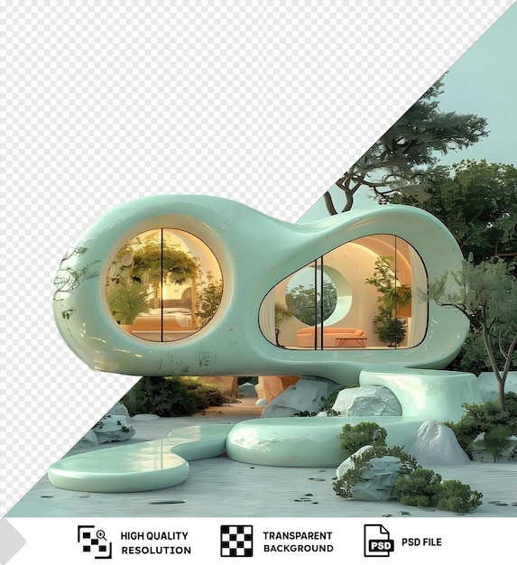 PSD amazing earthship house surrounded by lush green trees and a clear blue sky with a large gray rock in the foreground