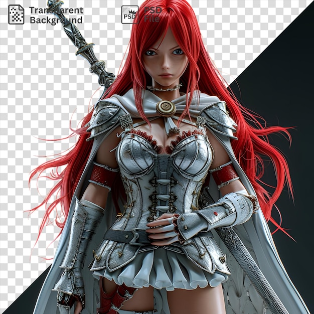 PSD amazing erza scarlet from fairy tail wields a silver sword while wearing a white dress and red boots with her striking red hair flowing in the wind