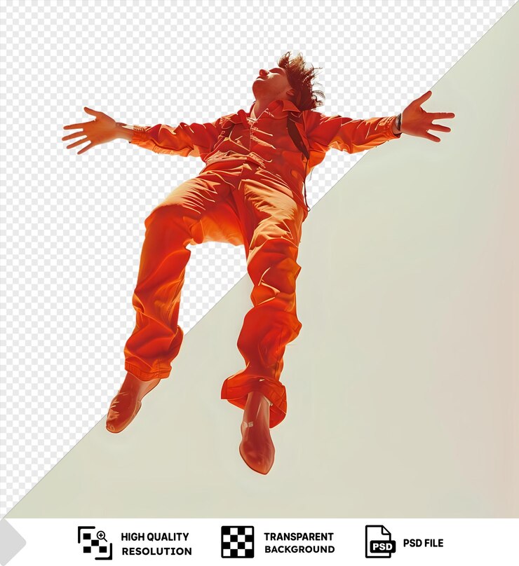 PSD amazing fearless stuntman preparing for a death defying jump with raised hand and extended arm against a white sky backdrop wearing orange pants and red shoes with curly hair and a red