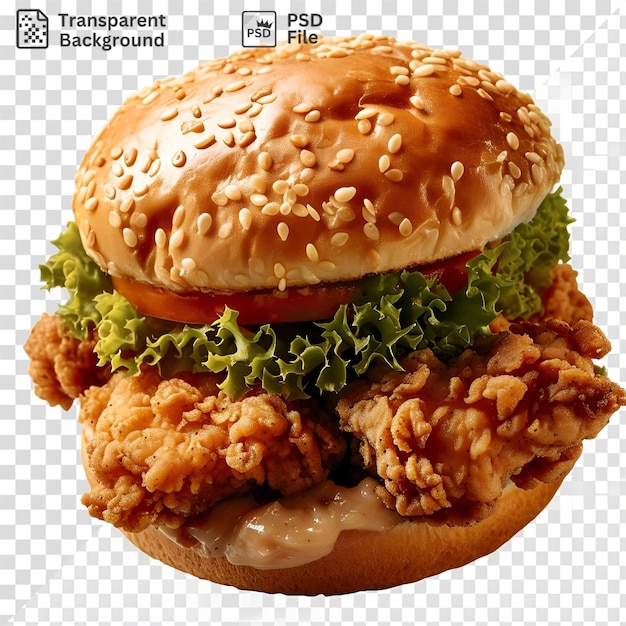 PSD amazing fried chicken sandwich with lettuce and tomato on brown bun