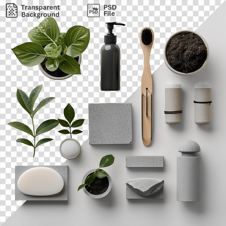 PSD amazing gardening and plant care set displayed on a transparent background featuring a green plant in a white pot a black bottle and a wooden spoon