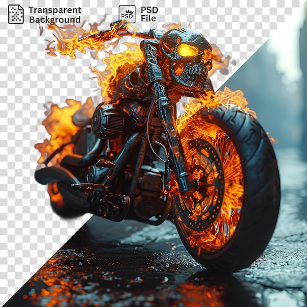 Fantastica moto a tema di ghost rider con pneumatici arancione e neri e casco nero