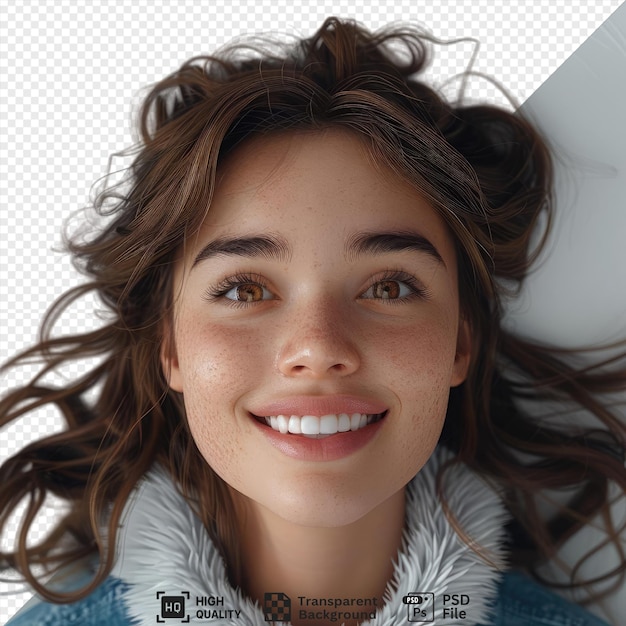 Una ragazza sorprendente con i capelli castani e un sorriso bianco neve su uno sfondo trasparente che mostra i suoi denti bianchi naso piccolo e occhi marroni con un piccolo orecchio visibile nella parte anteriore