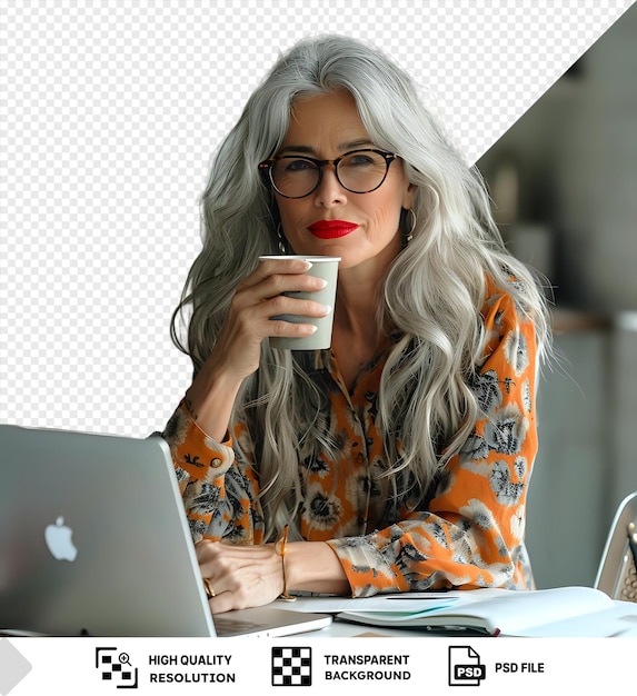 amazing good day girl with long gray hair and black glasses sits at a transparent background holding a cup of coffee in her hand she wears an orange shirt and sits on a white chair with png
