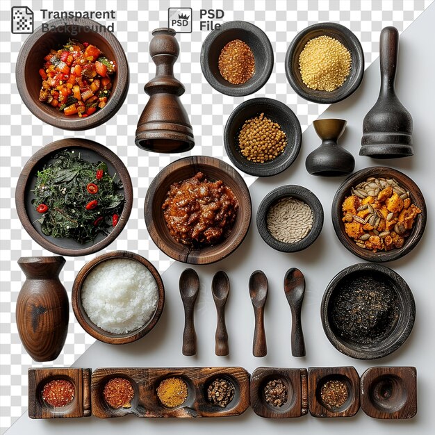 PSD amazing gourmet ethiopian cooking set featuring a variety of bowls and spoons including black brown and wood brown bowls as well as a silver spoon