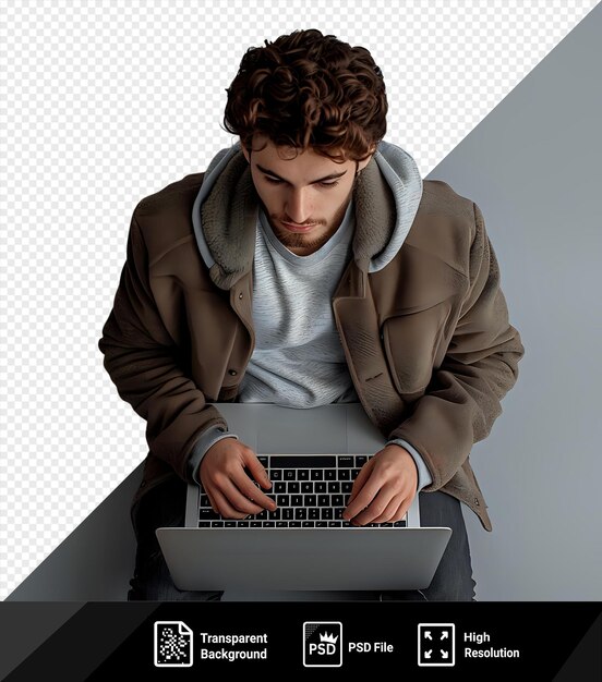 PSD amazing handsome young man working at the laptop computer in front of a gray and white wall wearing a gray shirt and with brown hair while his hands rest on the keyboard png psd