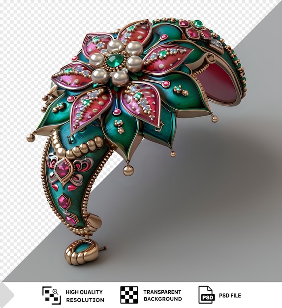 PSD amazing hatpin jewellery featuring a colorful design and intricate details including a green wing gold bead and silver bead with a dark shadow adding depth to the scene png