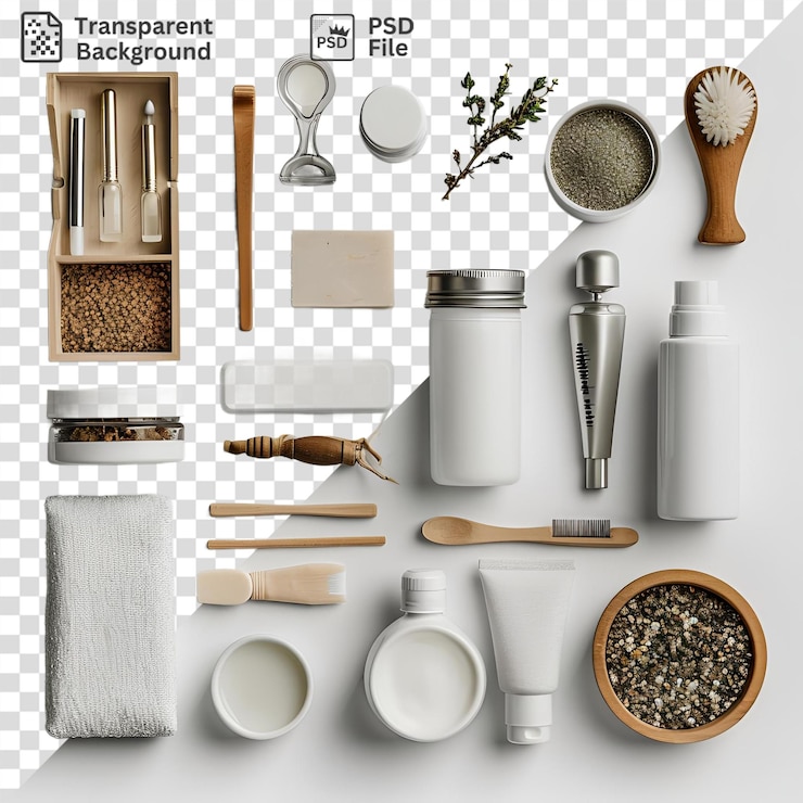 PSD amazing health item set all items in the package are displayed on a transparent background accompanied by a wood spoon a white bottle and a brown wooden bowl