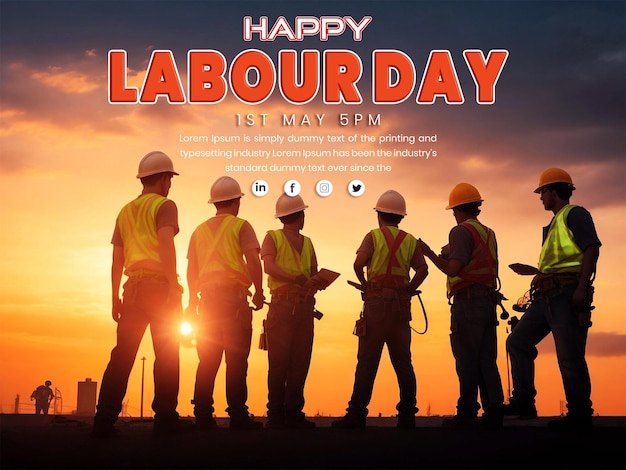 PSD amazing labour day poster and social post template with beautiful construction background