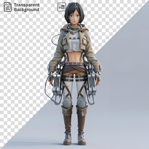 PSD amazing mikasa ackerman from attack on titan poses for a photo holding a silver gun and wearing a gray jacket and brown boots she accessorizes with a silver and gray helmet and