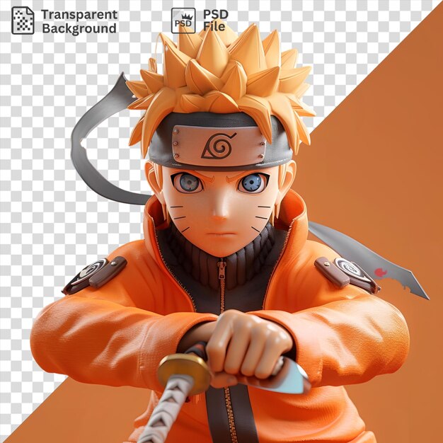 PSD amazing naruto uzumaki from naruto shippuden holds a sword in his hand wearing an orange jacket and holding a toy his blue eyes and white nose are visible