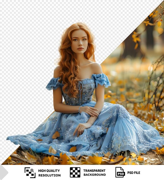 Amazing a pretty ginger girl in blue dress sitting in a park png psd