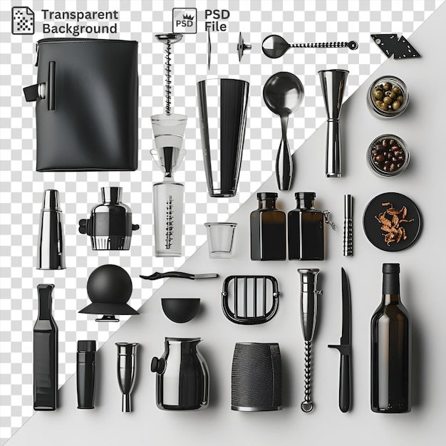 PSD fantastico set di kit di barman professionisti visualizzato su uno sfondo trasparente con una bottiglia nera, un cucchiaio d'argento e una tazza nera accompagnati da un piccolo orologio nero
