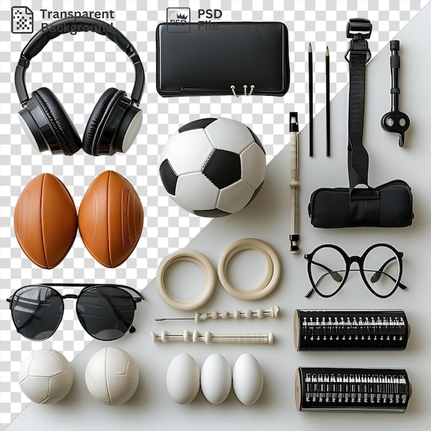 PSD Удивительные профессиональные спортивные тренерские инструменты установлены на прозрачном фоне, включая черные наушники, белый и черный мяч, черный корпус и черные очки.