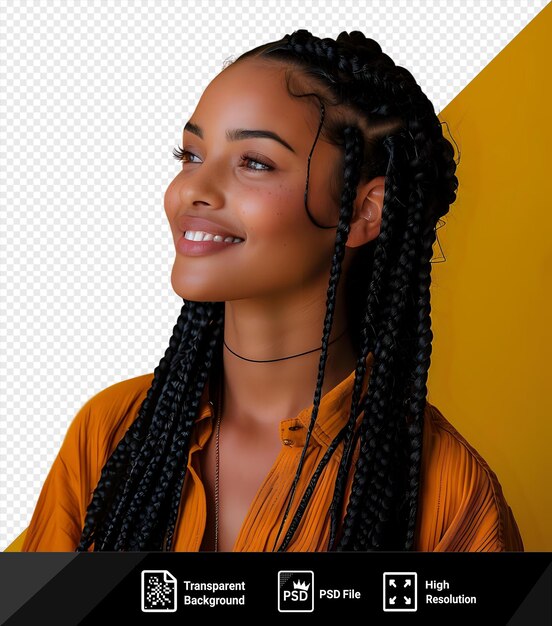 Amazing profile portrait of smiling woman with long black braids on her head wearing an orange shirt standing in front of a yellow wall her features include a small nose brown eye and