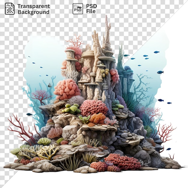 PSD 놀라운 현실적 인 사진 다이버 수중 산호초 조각은 파란 물고기, 빨간 꽃, 작은 파란색 물고기를 포함하여 다양한 다채로운 물고기와 꽃을 특징으로합니다.