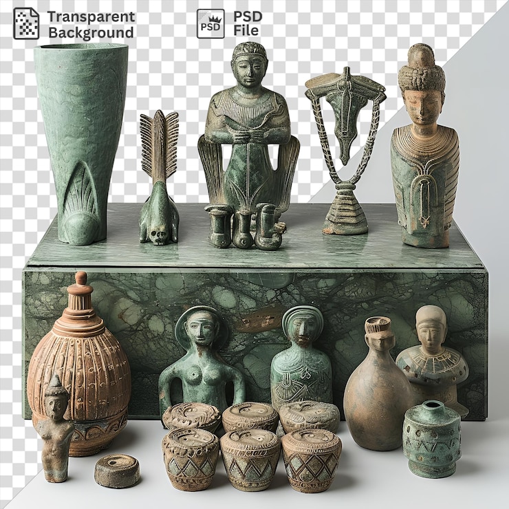 PSD amazing realistic photographic historians ancient artifacts displayed against a white wall featuring a brown vase and a head