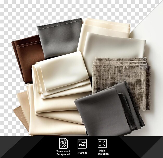 PSD amazing realistic photographic upholsterers fabric samples and a leather case displayed on a transparent background accompanied by a white napkin png