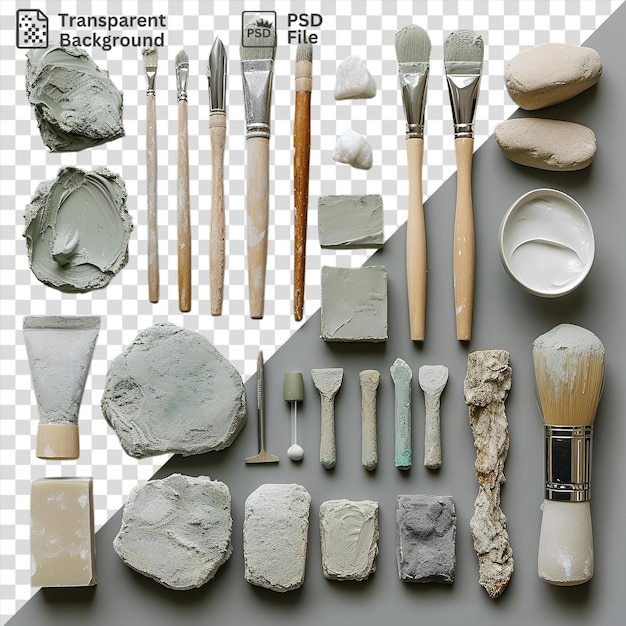 PSD amazing sculpting tools and clay set displayed on a gray and transparent background accompanied by a small white bowl and a silver spoon