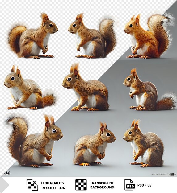 PSD amazing set of squirrel isolated on transparent background featuring a brown tail fluffy tail black eye and brown and orange paw png