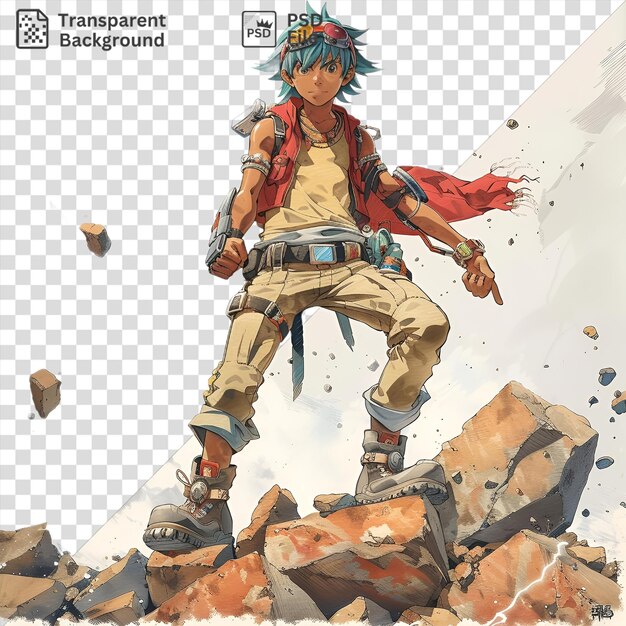 Amazing simon from gurren lagann stands atop a mountain wearing khaki and tan pants and a black belt with his blue hair blowing in the wind