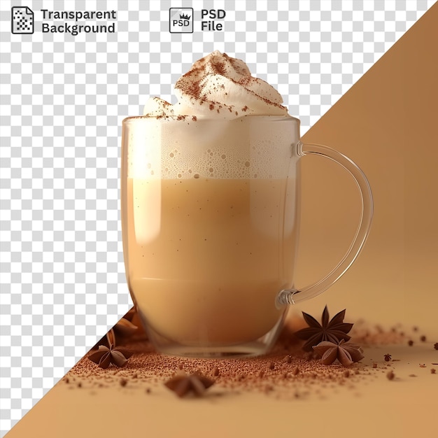 PSD amazing spiced chai latte with whipped cream and cinnamon sticks served in a white mug with a glass handle against a white wall