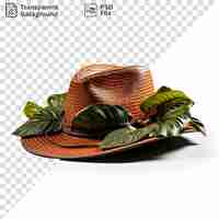 PSD amazing straw hat with green leaves on a white background