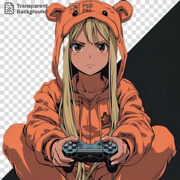 Umaru doma di himouto umaru chan con i suoi lunghi capelli e gli occhi blu tiene in mano un controller di videogioco mentre l'altra mano si appoggia su di lei