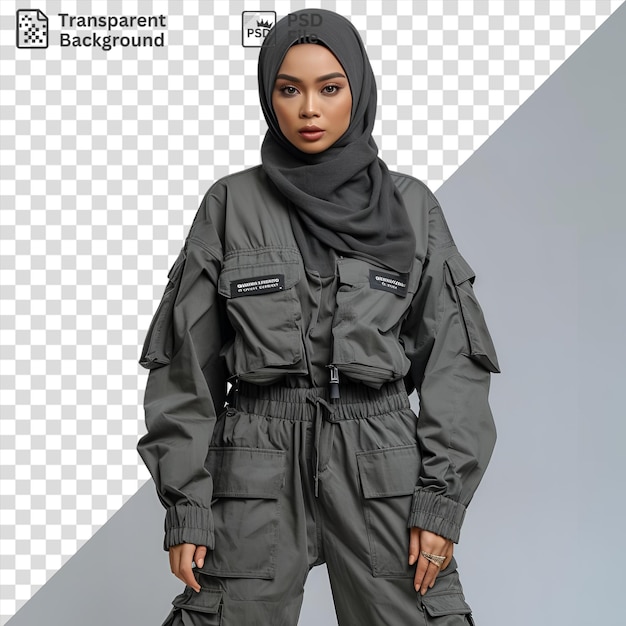 PSD amazing urban millitary cargo baggy pants indonesian hijab woman model half length body front shot