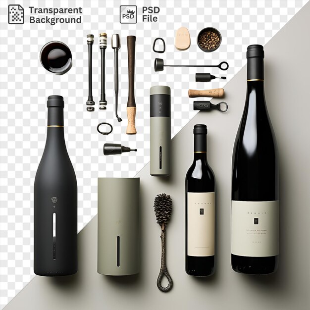 PSD amazing wine tasting essentials set up on a transparent background with a black bottle silver spoon and small brush