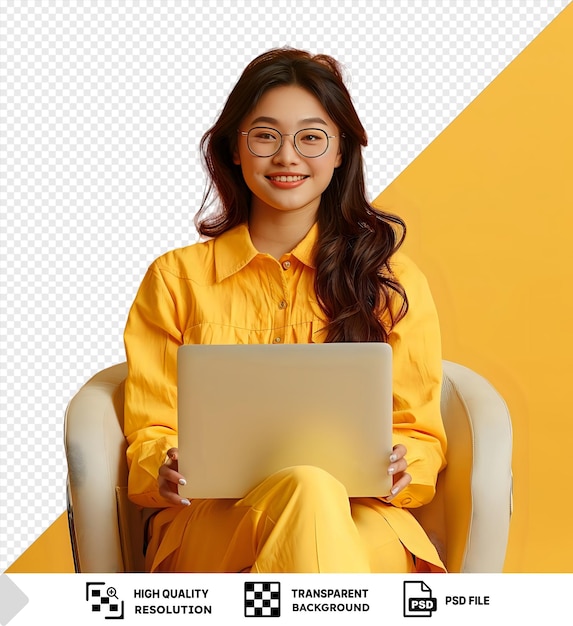 PSD amazing a woman is sitting in a chair with a laptop in front of it png