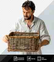 PSD amazing woodworker enjoying the straw box assembly process with a smiling man in a white shirt and brown hair standing in front of a white wall with his hands visible in the fore png