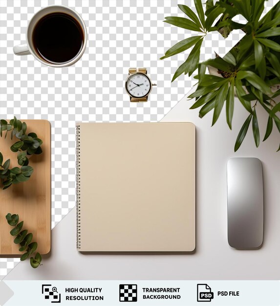 PSD amazing work from home desk set featuring a silver and gray mouse a white clock and a green plant on a transparent background